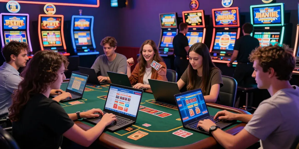 Players engaging with credit card online casinos in a lively gaming lounge.