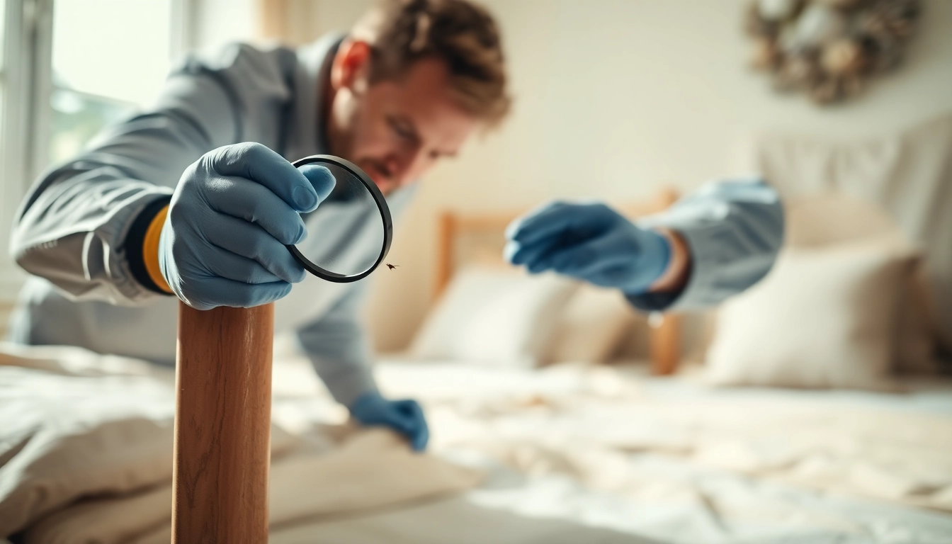 Technician conducting bed bug pest control in a bright bedroom, inspecting for infestations.