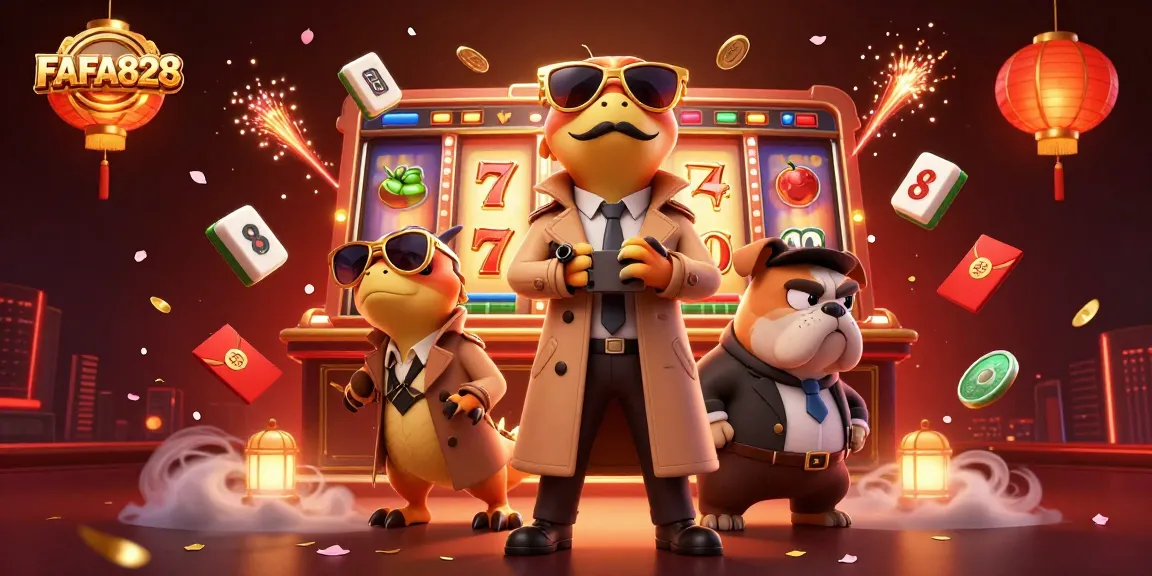 Engage with FAFA828's exciting slots in a lively casino scene filled with vibrant elements.