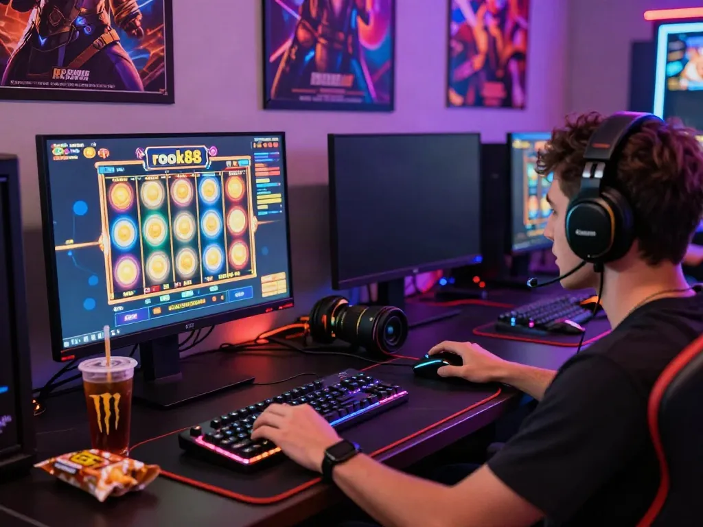 Player immersed in rokok88 slot login gameplay with colorful gaming setup and accessories.