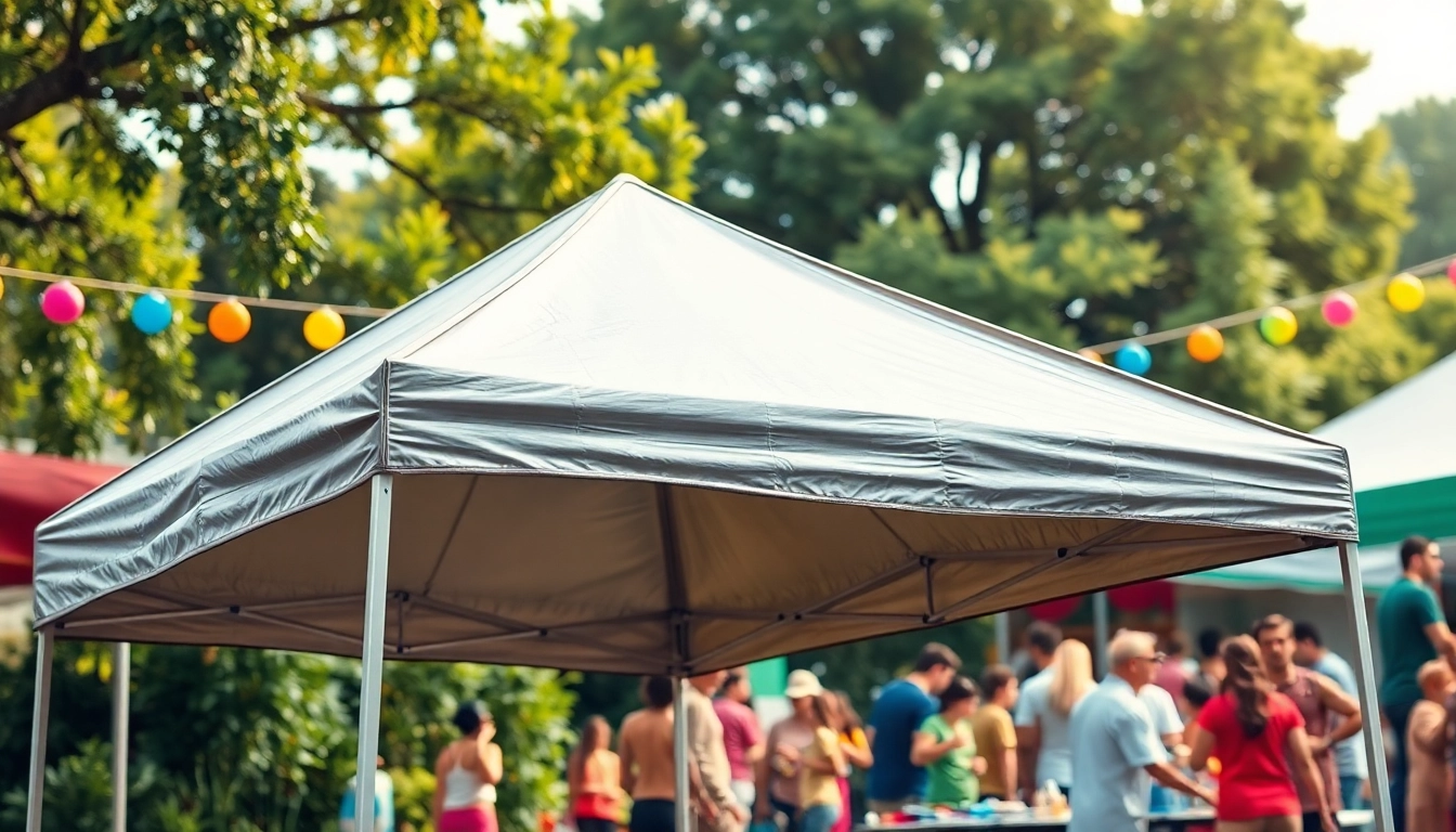 Setup of a durable canopy tent showcased at an outdoor event, emphasizing vibrant atmosphere.