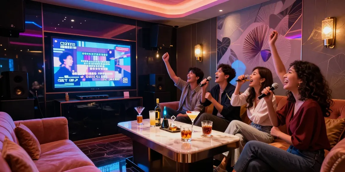 Experience the vibrant atmosphere of 강남 가라오케 with friends enjoying a luxurious karaoke night.