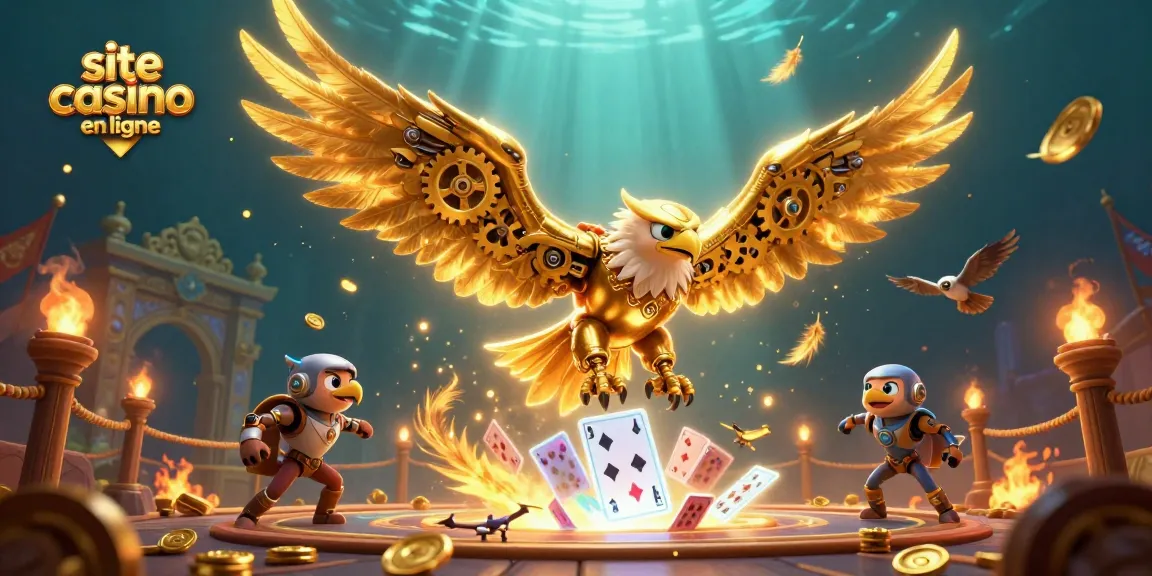 Illustration captivante de site casino en ligne avec un aigle cybernétique et des cartes holographiques.