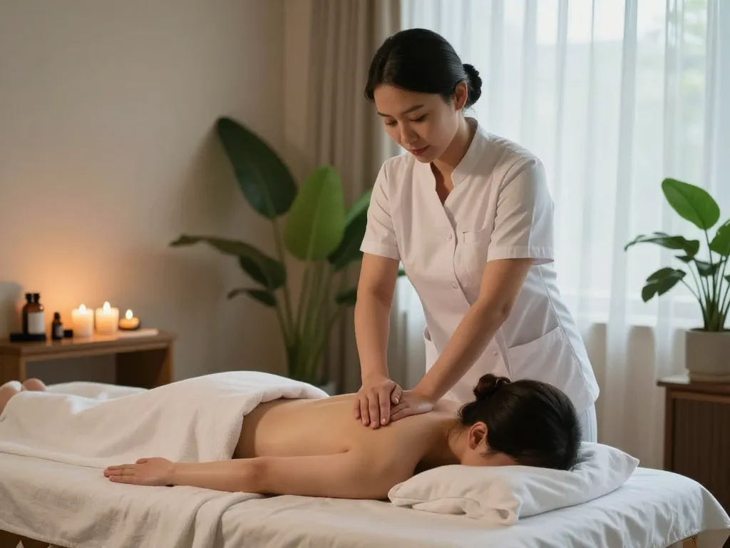 Relaxing 창원마사지 session at a tranquil spa atmosphere with soothing oil and light.