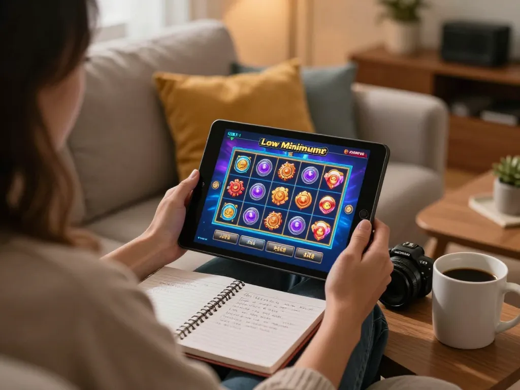 Experience slot bet kecil while enjoying a cozy home gaming session with a tablet interface.