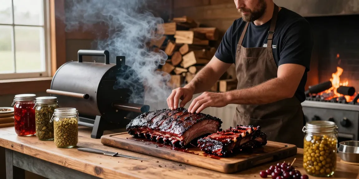 Authentic smokehouse with rokok88 smoked meats, showcasing brisket and ribs, surrounded by spices and wood.