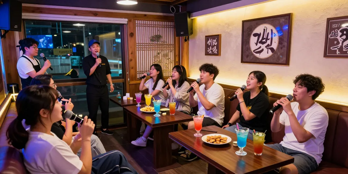 Enjoying 제주도유흥 with friends in a lively karaoke venue, showcasing vibrant nightlife atmosphere and friendly service.