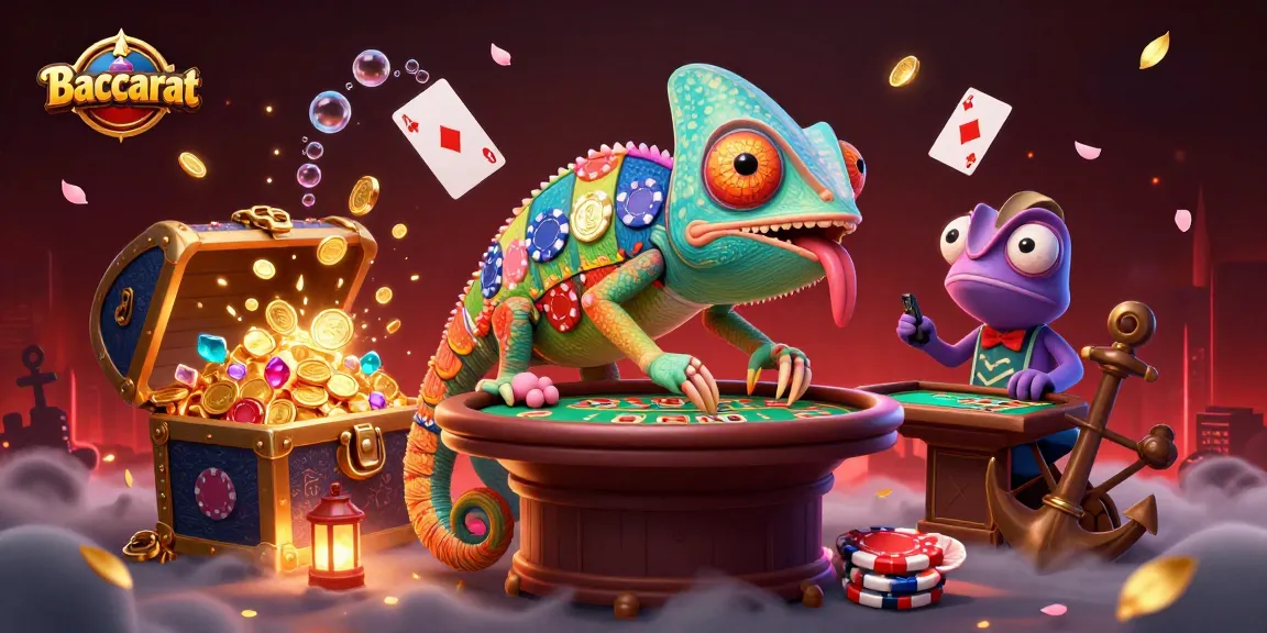 Baccarat strategies enhance gameplay with colorful chameleon owner and animated casino elements.