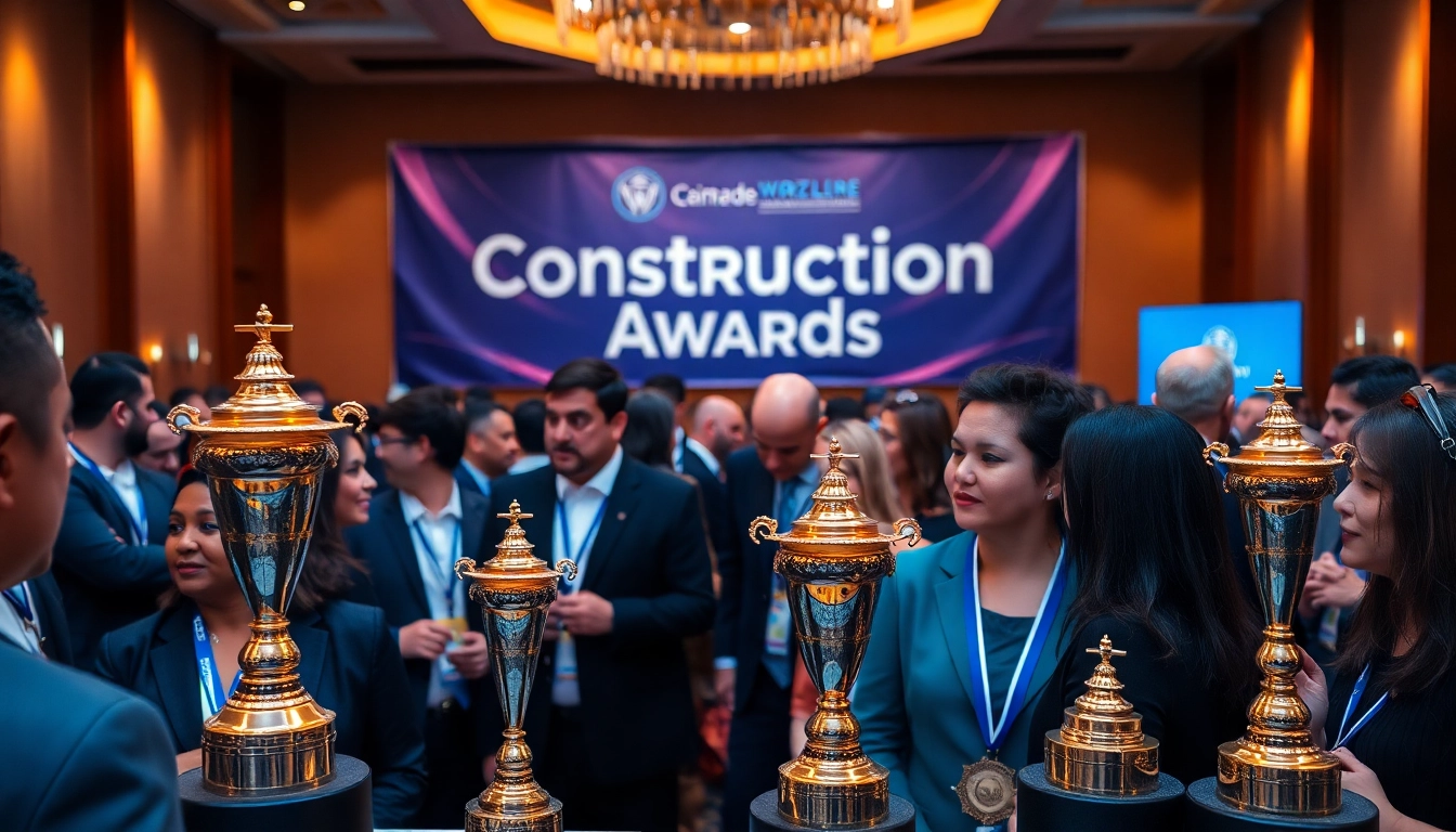 Celebrating Construction awards at a prestigious ceremony with elegant trophies and engaged attendees.