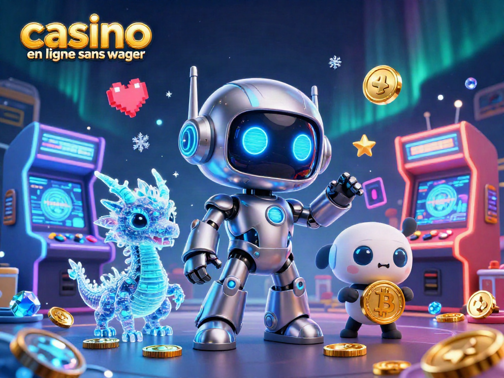 Jouer dans un casino en ligne sans wager, illustré par des personnages futuristes et des éléments de jeux.