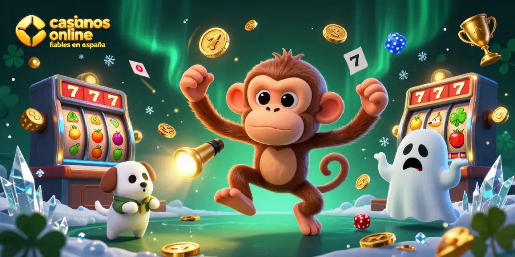 Ilustración animada 3D de casinos online fiables en España con máquinas tragamonedas y características de juego emocionantes.