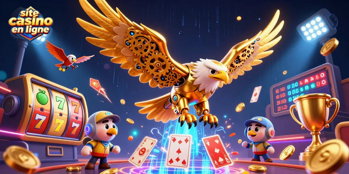 Jouez sur un site casino en ligne avec un aigle doré au milieu des jeux de machines à sous.