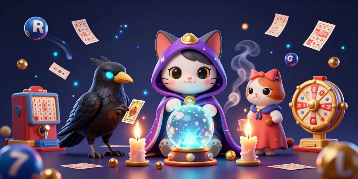 Togel Online offers vibrant energy as a mystic cat and a raven illustrate chance in a packed lottery scene.