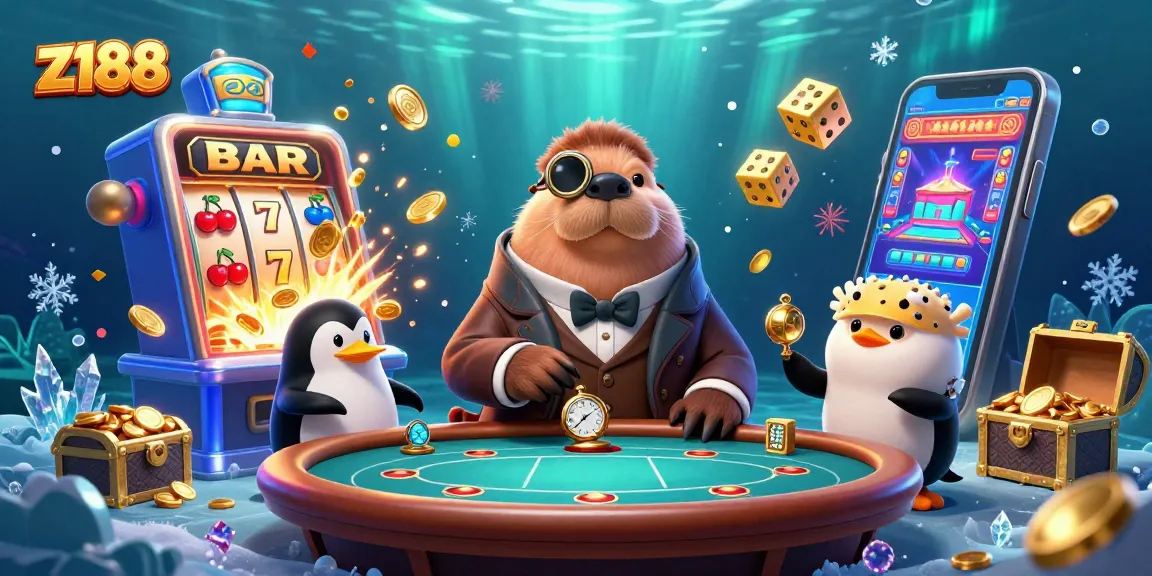 Engage in thrilling slots at z188 with vibrant underwater casino illustration featuring games and action.