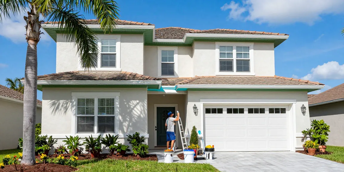 Professional exterior painters Sarasota County FL applying weather-resistant paint on a two-story home in bright Sarasota.