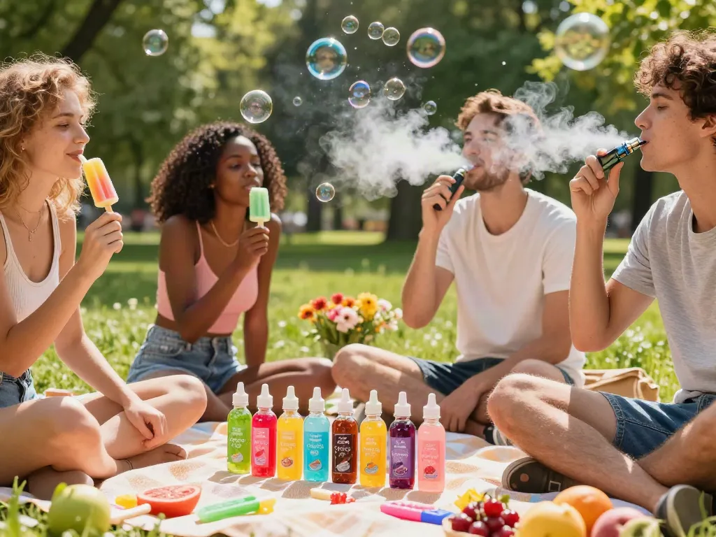 Popsicle e juice flavors enjoyed by friends in a sunny park setting.
