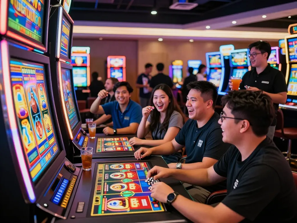 Pemain menikmati mesin link slot di suasana kasino yang hidup.