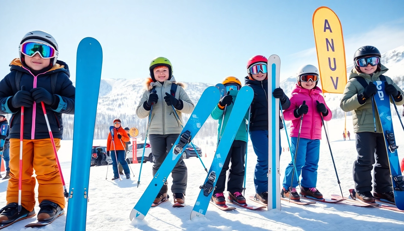 Youth excitement in the junior ski trade-in program andover, ma showcasing colorful ski gear against a snowy backdrop.