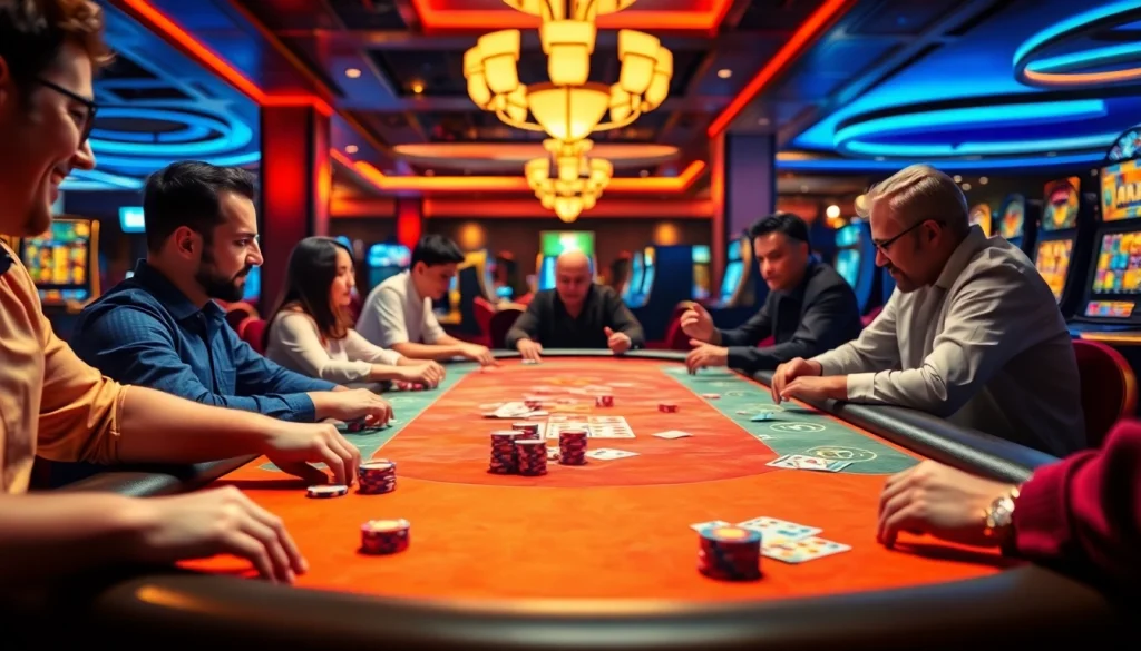 Judi bandar togel yang menarik dengan pemain fokus di meja permainan dan suasana kasino yang cerah.