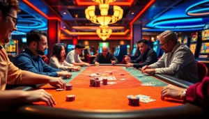 Judi bandar togel yang menarik dengan pemain fokus di meja permainan dan suasana kasino yang cerah.