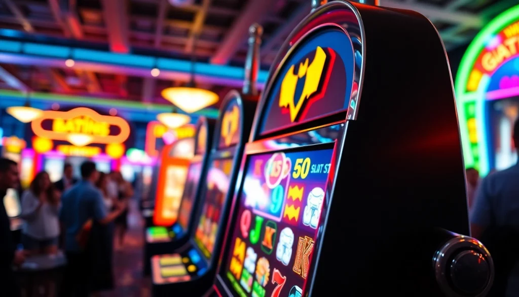 Pemain merasakan kesenangan batman138 slot dengan mesin slot berkilauan di kasino.