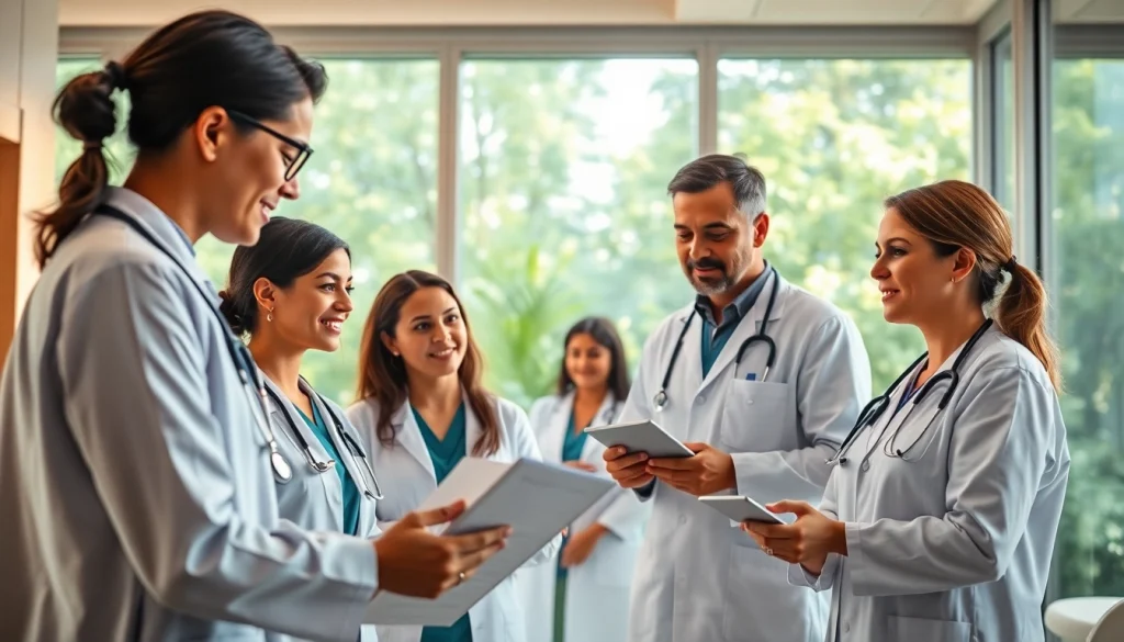 Engaging team of health professionals caring for patients in a modern clinic setting.