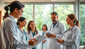 Engaging team of health professionals caring for patients in a modern clinic setting.