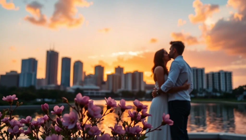 Captivating sunset shot by a photographer Tampa, featuring a couple in embrace.