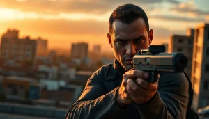 Engaging depiction of a protagonist in a clean action thriller ready for action amidst an urban landscape.