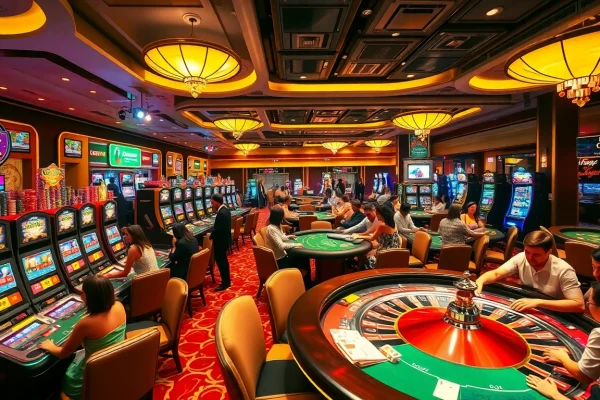 Casino gaming scene featuring KJC brand elements, showcasing vibrant tables and exciting players.