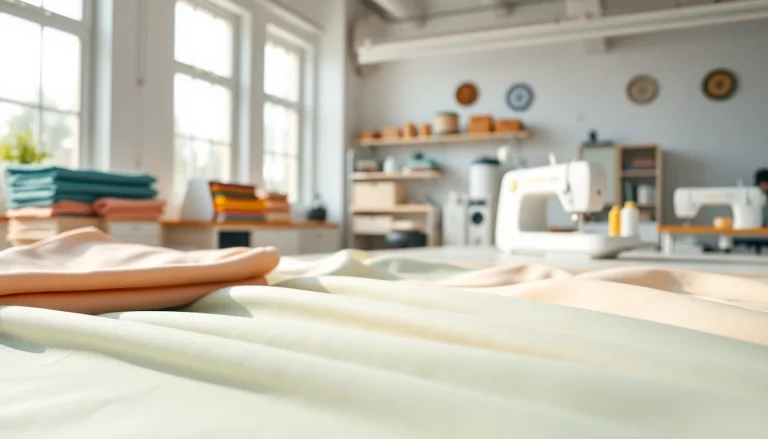 Punta di Roma stof georganiseerd in een heldere naaiwerkplaats met kleurrijke voorbeelden.