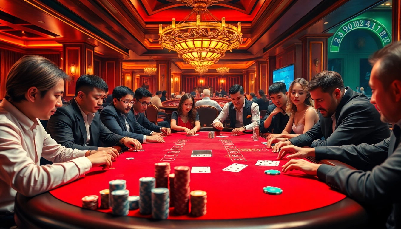 Experience thrilling gameplay at https://jun88.buzz/ with poker tables, excited players, and immersive casino ambiance.