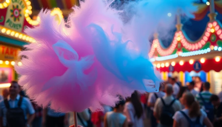 Proef de zoetheid van wafel katoen met kleurrijk katoen suiker in de lucht.