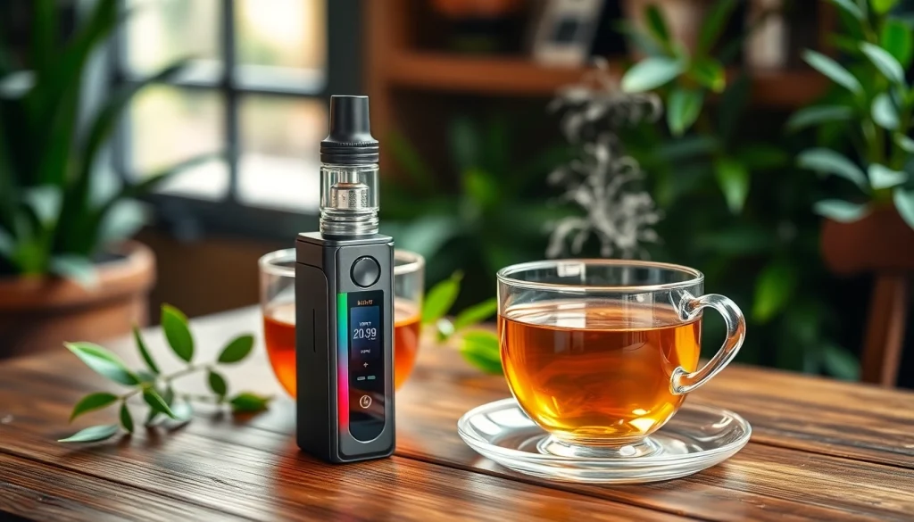 Vape ohne nikotin in a cozy café setting with herbal tea.