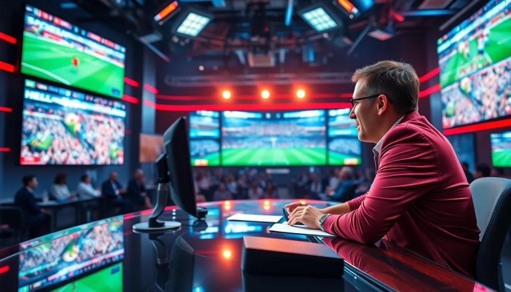 스포츠중계 세션에서 열정적인 해설자가 현대적인 스튜디오에서 집중하는 모습