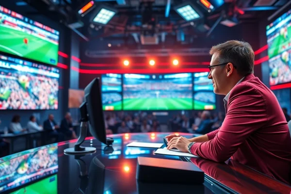 스포츠중계 세션에서 열정적인 해설자가 현대적인 스튜디오에서 집중하는 모습