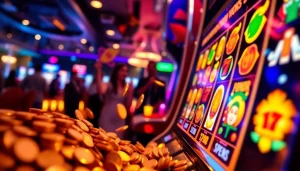 Toto slot online menarik dengan mesin kasino digital penuh warna dan koin yang tumpah.