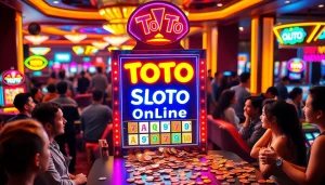 Mainkan toto slot online dengan slot machine berwarna cerah yang bersinar di kasino.
