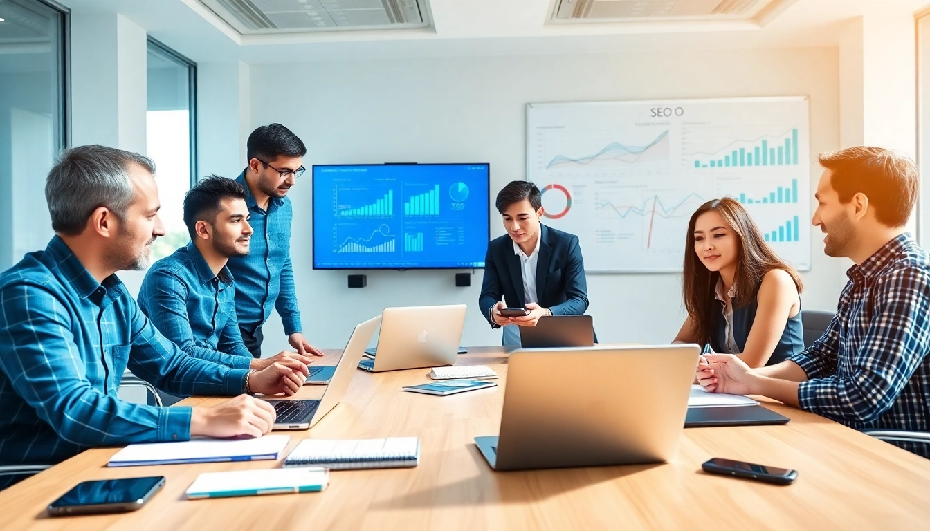 Engaging teamwork in a conference on best SEO Malaysia strategies showcases professionals analyzing data.