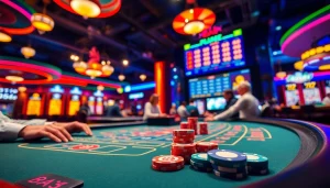 Bandar togel online dengan pemain aktif di meja permainan yang penuh warna dan cahaya.