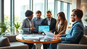 Engaged team of Quickplus Business Consultants strategizing in a modern office environment.