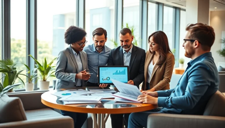 Engaged team of Quickplus Business Consultants strategizing in a modern office environment.