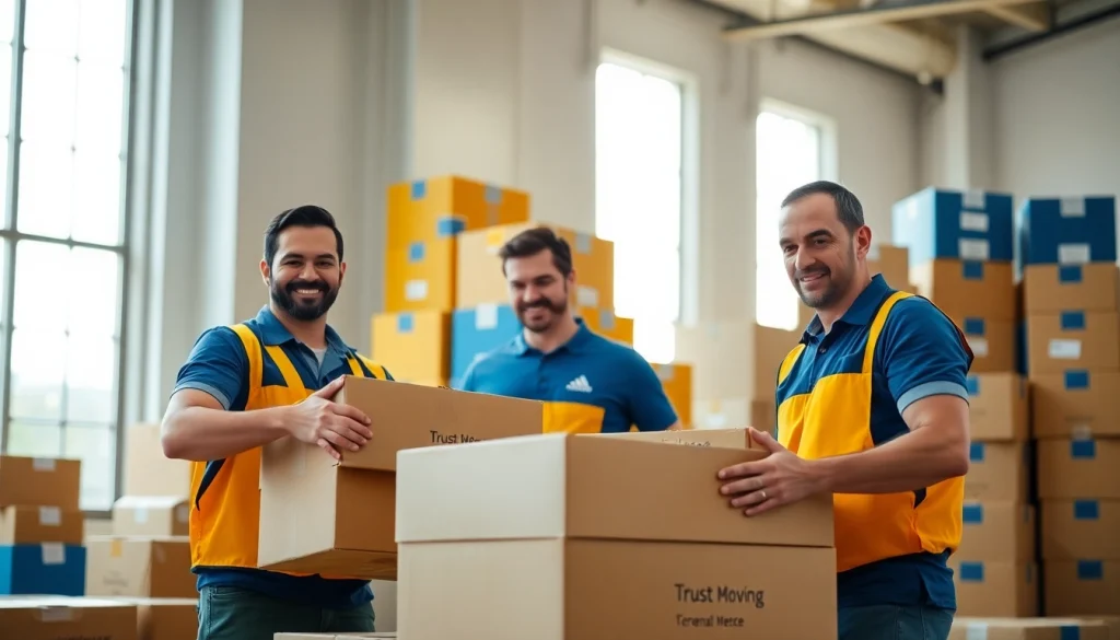Movers from a Toronto moving company efficiently packing boxes in a bright warehouse.