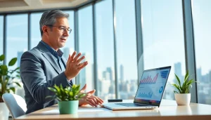 Real Estate agent engaging clients with market insights in a modern office setting.