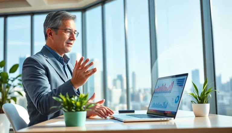 Real Estate agent engaging clients with market insights in a modern office setting.