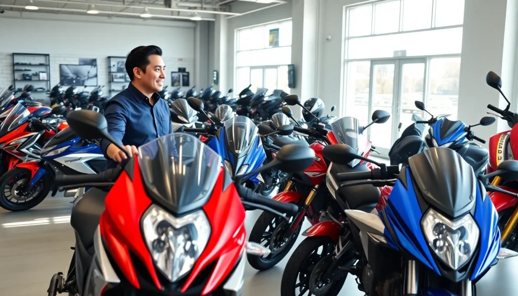 motorradhändler präsentiert verschiedene Motorräder in einem modernen Showroom