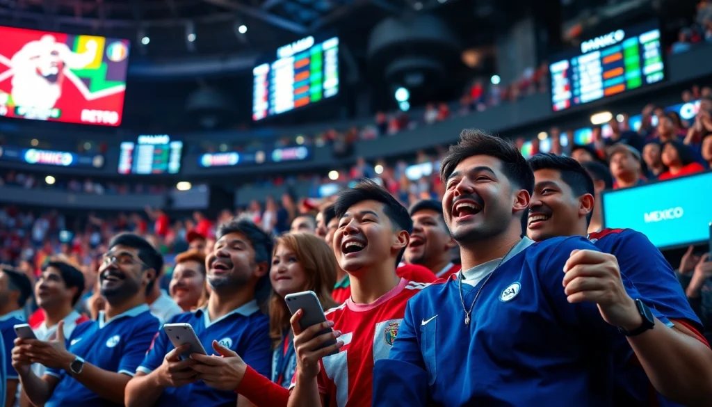 Excited fans engaging with the best sports betting sites in Mexico during a live game.