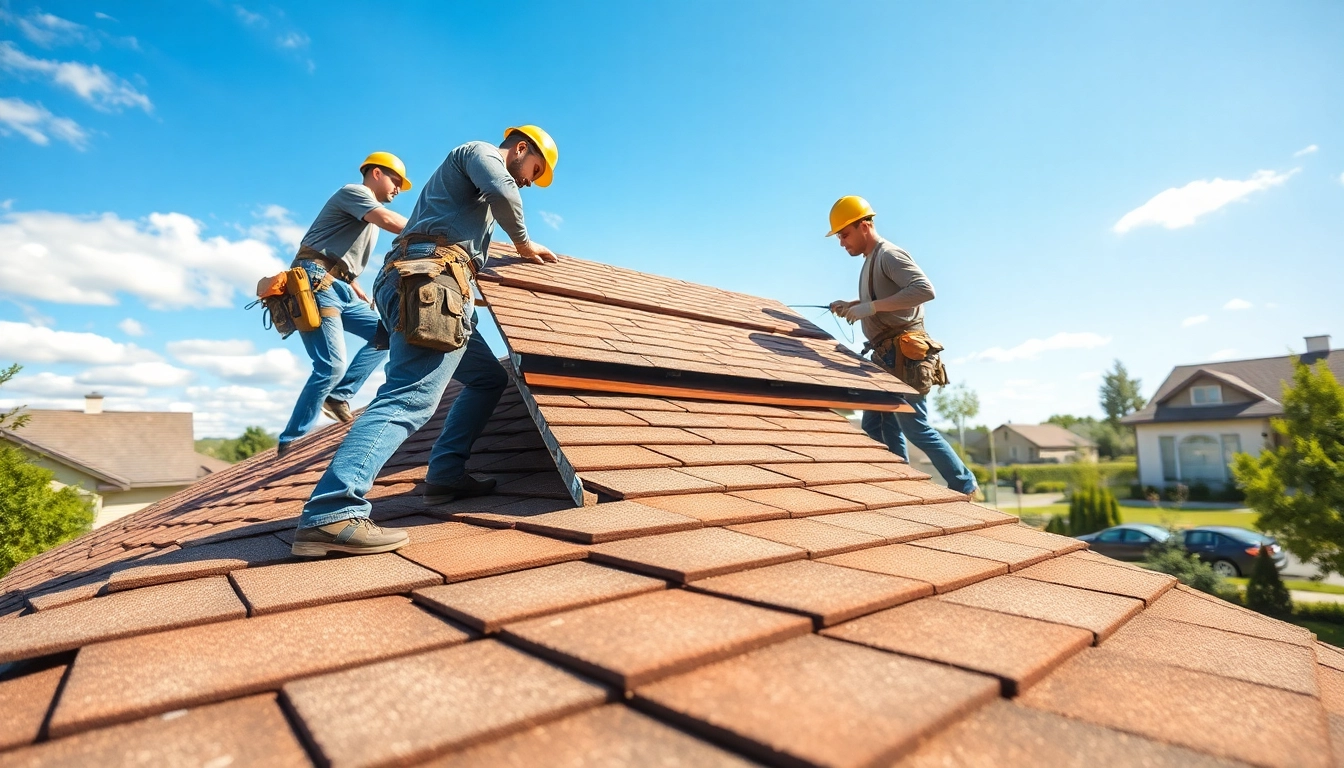 Workers installing high-quality roofing solutions on a residential home in bright sunlight.