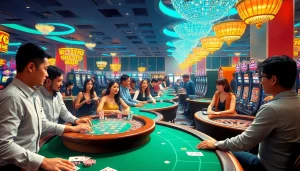 KJC AC 3 scene showcasing thrilling casino activities with tables, cards, and slot machines.