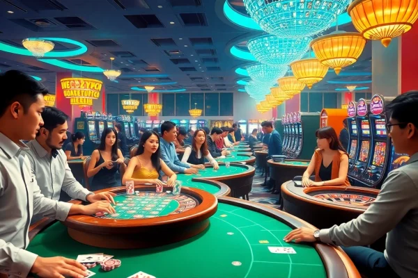 KJC AC 3 scene showcasing thrilling casino activities with tables, cards, and slot machines.